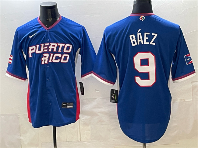 Men's Puerto Rico Baseball #9 Javier Báez Royal 2026 World Baseball Classic Road Stadium Stitched Jersey